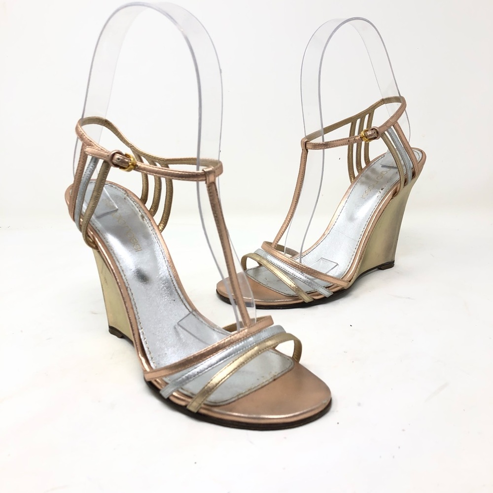 Sergio Rossi T strap metallic gold wedge sandals